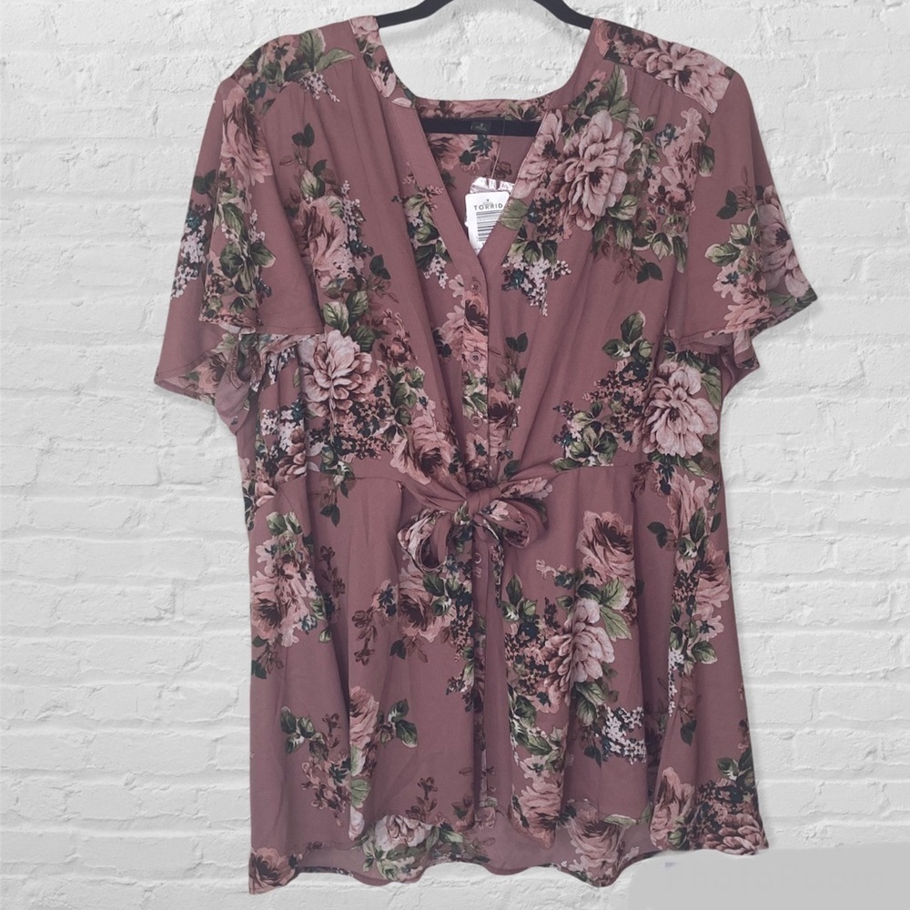 Torrid Mauve Floral Short Sleeve Georgette Peplum Tie-Front Blouse